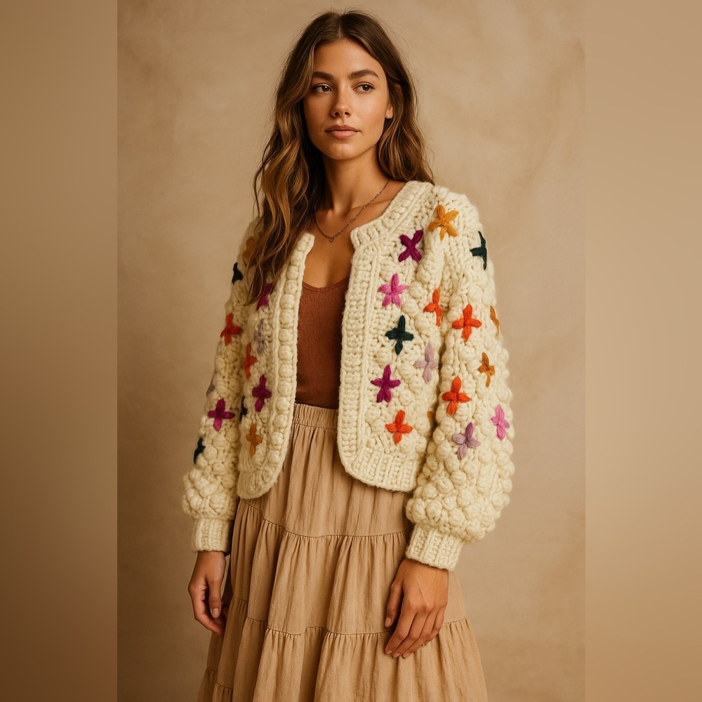 Fate Hand Knit Popcorn Bobble Cardigan XS Cream Multi Color Chunky Sweater